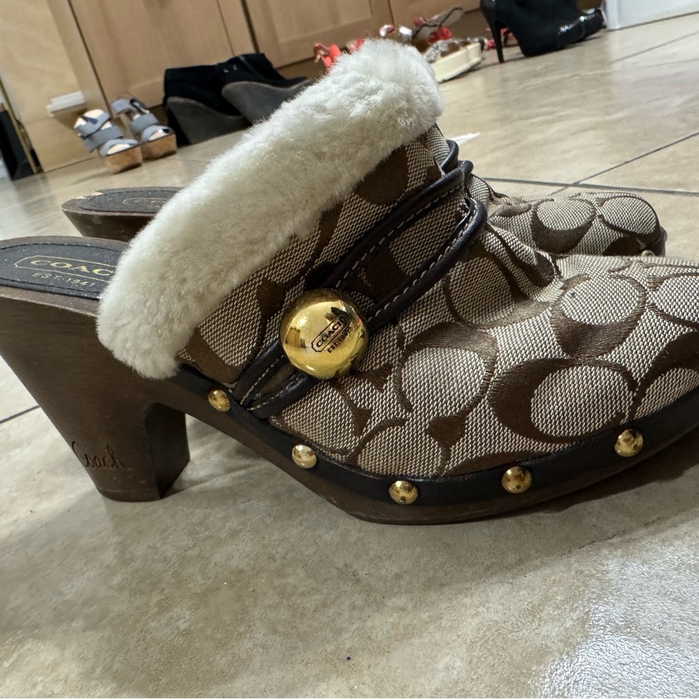 Coach Brown Patterned Mules with Fur Trim